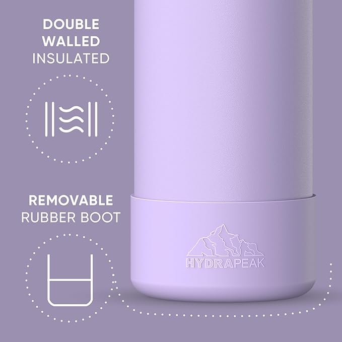 Hydrapeak 32oz Sport Insulated Water Bottle with Straw & Chug Lid, Leak & Spill Proof, Keeps Drinks Cold for 24 Hours, Hot for 12 Hours, Premium Stainless Steel Water Bottles (32oz, Digital Lavender)
