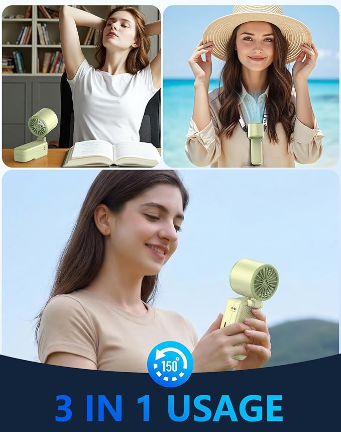Foluu 3-in-1 Portable Cooling Fan with Active Cooling Technology, 16,000 RPM, 100-Speed Touch Control & LED Display, Type-C Fast Charge, Neck Strap & Stand – for Travel, Office, Outdoor (Green)
