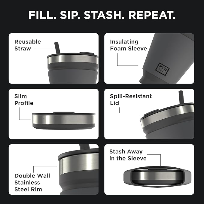 HYDAWAY 16oz Collapsible cup - Insulated Drink Tumbler - BPA-Free Silicone Cup with Lid, Perfect for Coffee, Travel, and Everyday Use