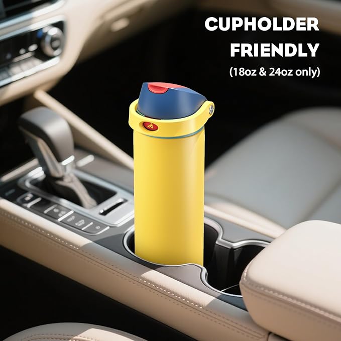 POWCAN 18 oz Stainless Steel Water Bottle: 2-in-1 Push-Button Spout & Quick-Flip Straw, Leakproof, Cold 24Hrs, Fits Car Cup Holder, Insulated Sports Water Bottle for Women, Girls (Red Apple Charm)