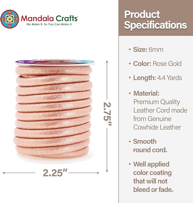 Mandala Crafts Round Genuine Rose Gold Leather Cord for Jewelry Making – 6mm Cowhide Leather Rope String Lace for Kumihimo – 4.4 Yards Cowhide Craft Cording Spool