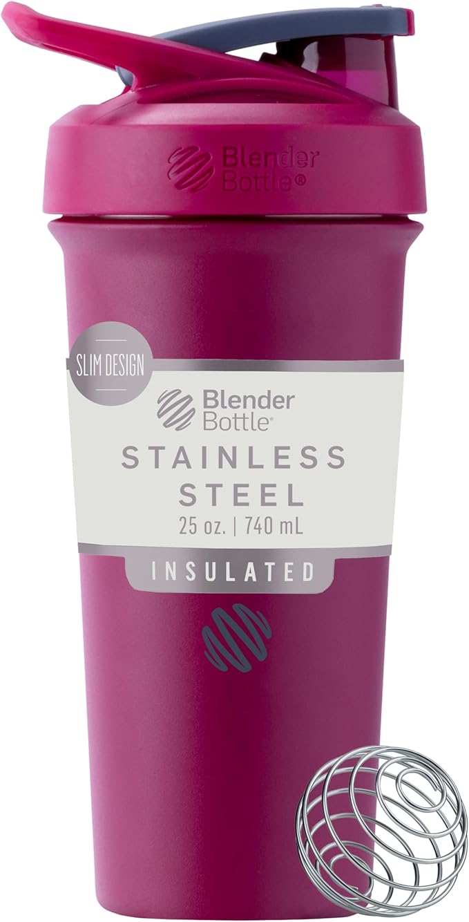 BlenderBottle Sport Sleek Insulated Stainless Steel Shaker Bottle with Wire Whisk, 25-Ounce, Raspberry – Protein Shakes & Hydration for Athletes & Fitness Enthusiasts, Easy Mixing, Lockable Lid
