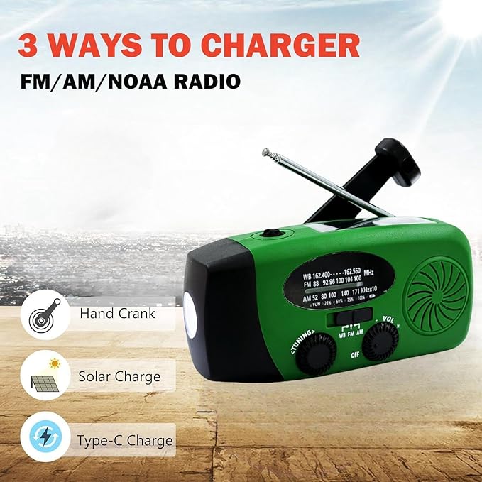 2000mAh Weather Emergency Radio, Portable Solar AM/FM/NOAA Hand Crank Radio, Cell Phone Charger with SOS, 1W LED Flashlight, Headphone Jack, Power for Emergency Preparedness (2000mAh Green)