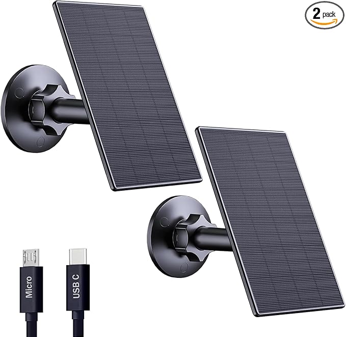 Zivif 2W Solar Panel for Security Cameras, Solar Charger with Micro USB & USB-C Port for Rechargeable Battery Security Camera, 360° Adjustable Mount, Black (2 Pack)
