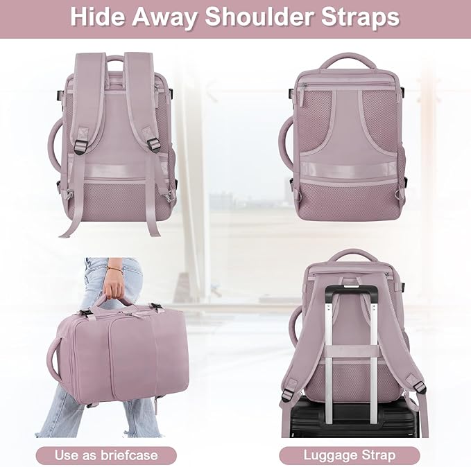 Sinaliy Travel Backpack, Carry on Flight Approved Backpack with Multi-Pockets, TSA Waterproof 17.3inch Laptop Backpack, Personal Item Travel Bag for Men Women, Light Purple