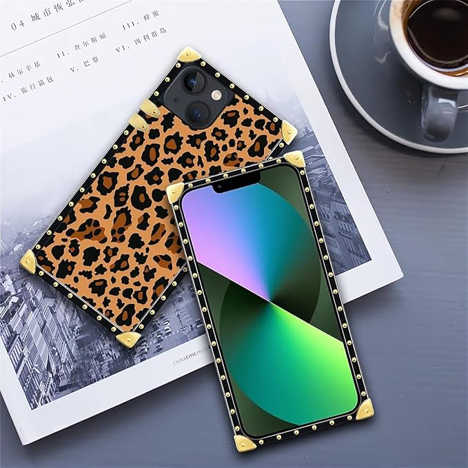 Compatible with iPhone 13 Case, Brown Leopard Texture Luxury Golden Decoration for Girl Women Soft TPU Shockproof Protective Hard PC Back for iPhone 13