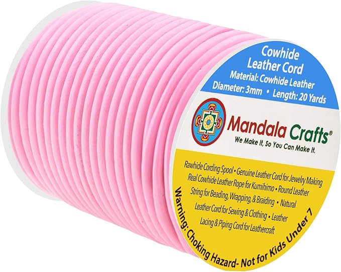 Mandala Crafts Round Genuine Pink Leather Cord for Jewelry Making – 3mm Cowhide Leather Rope String Lace for Kumihimo – 20 Yards Cowhide Craft Cording Spool
