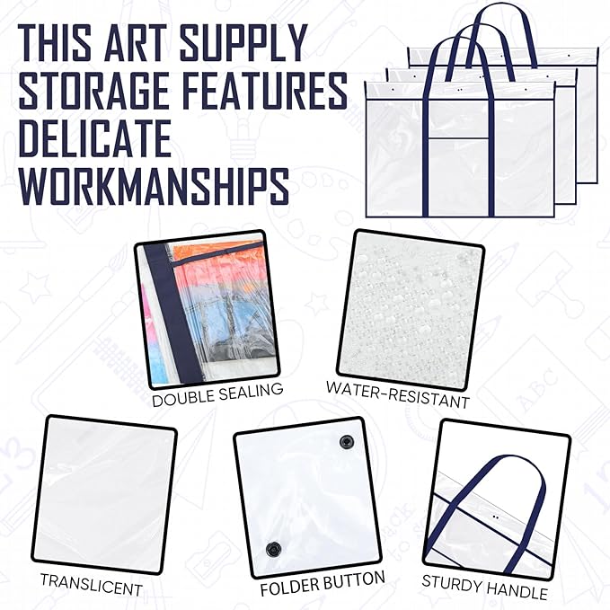Windyun 3 Pack Large Poster Storage Bag 48" x 36" Bulletin Board Holder Art Portfolio Case PVC Art Portfolio Container Bulletin Board Storage Box with Pocket for Classroom Teacher Organization(Blue)