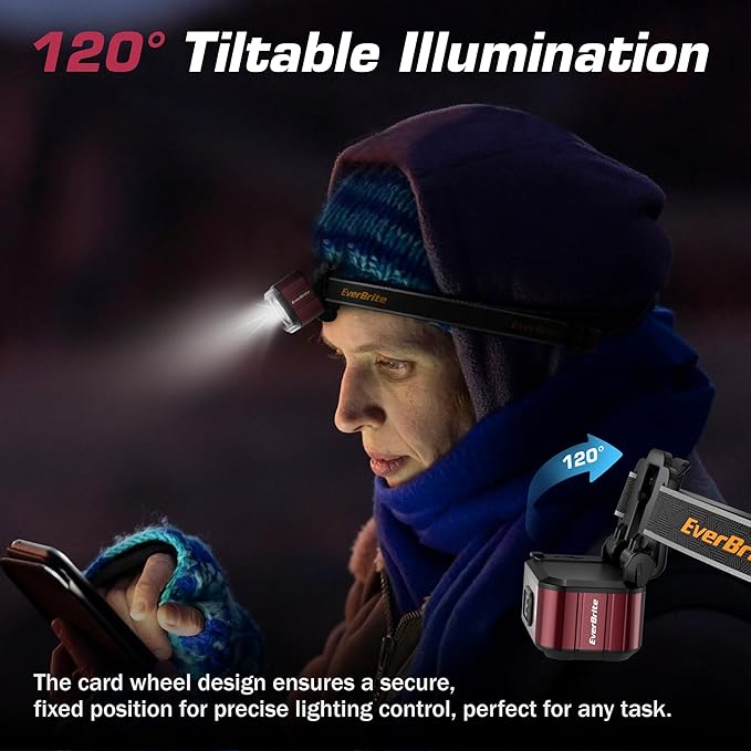 EverBrite 400LM Rechargeable Headlamp, 1.59 oz Lightweight & Comfortable Head Lamp with Hat Clip, IP67 Waterproof, White/Red/Green Light, 7 Modes for Running, Camping and Backpacking-Purple
