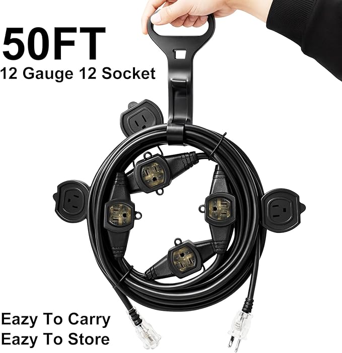 50FT Outdoor Extension Cord, 12 Gauge SJTW 5-15R Cable Male Plug to Female Connector,12 Evenly-Spaced Outlets Plug,Suitable for Stage Setting or Outdoor,UL Certified Outlet Cable