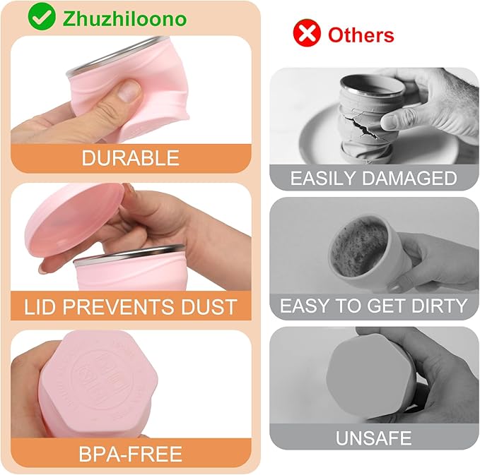 Collapsible Travel Cup with Lid (6oz/180ml) - BPA Free Silicone Folding Cup with Stainless Steel Rim - Portable Pocket Cup for Mouthwash, Pills, Hiking, Camping & Kids(Sakura Pink)