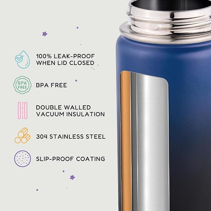 Fijinhom 12oz Kids Water Bottle for School, Toddler Bottles with Straws, Stainless Steel Vacuum Insulated Water Bottle for Boys&Girls, Leak-Proof, BPA-Free, Blue Black