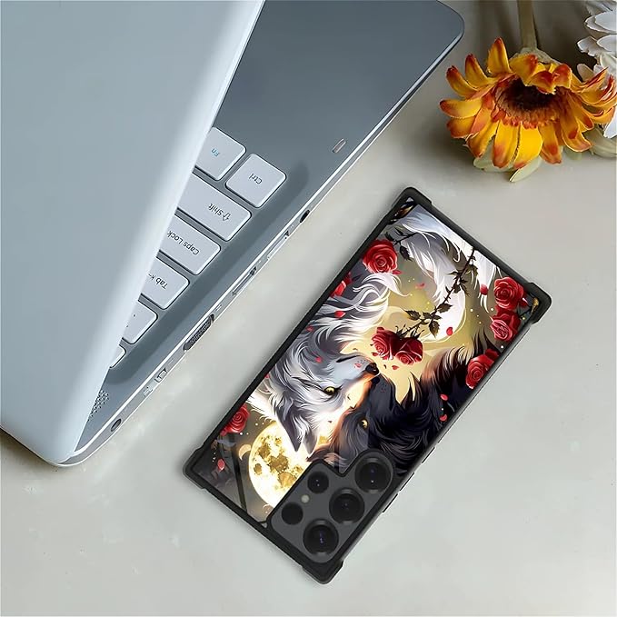 for Samsung Galaxy S25 Ultra Case,Graphic Design for Girl Boy Soft Silicone Hard Acrylic Shock Protection Designed for Samsung Galaxy S25 Ultra Black White Wolf Moon Flower Rose Pattern
