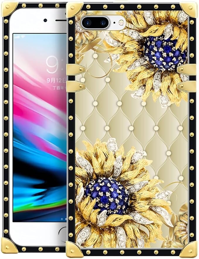 Compatible with iPhone 8 Plus 7 Plus Case, Sunflower Diamonds Leather Luxury Golden Decoration for Girl Women Soft TPU Shockproof Protective Hard PC Back for iPhone 8 Plus 7 Plus