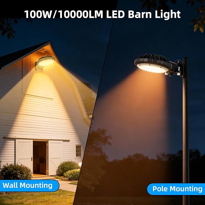 Karjoefar LED Barn Light, Dusk to Dawn Outdoor Lighting with 100W 10000LM 5000K Warm Light, IP65 Waterproof Outdoor Security Flood Lights for Garage Yard Street Warehouse Use 2PCS