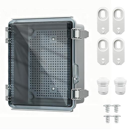 Nineleaf Electrical Junction Box IP67 ABS Plastic WiFi Enclosure with Hinged Cover with Mounting Plate, Wall Brackets, Cable Glands (Clear, 8.7"x6.7"x4.3")