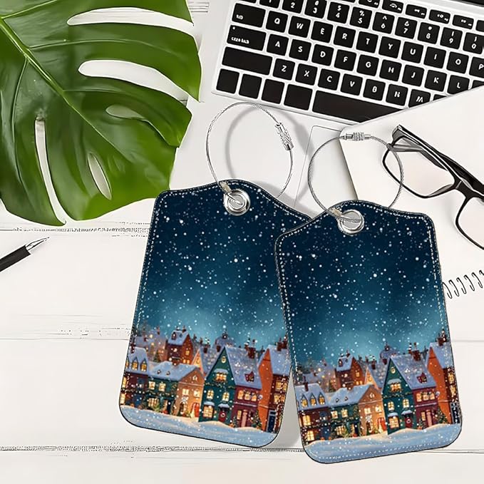 2Pcs Winter Village Luggage Tags for Suitcases, 2.83x4.53 Christmas ID Labels with Privacy Cover, Aesthetic Snowy Town Bag Tags for Backpacks, Holiday Gift for Travelers, Set of 2