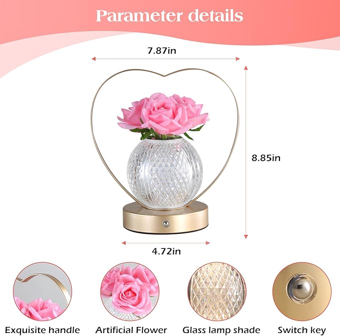 AMWGIMI Rose Flower Lamp,Birthday Gifts for Women,Rechargeable Cordless LED Touch Lamps,3-Colour Infinitely Dimming Small Night Light,for Living Room,Dining Room,Bedroom Festival Home Decor