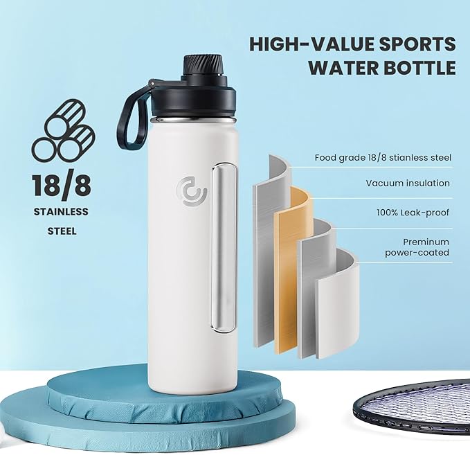 Sports Water Bottle 22oz, Insulated Water Bottle with Handle,Stainless Steel,Simple Modern,Suitable for Travel, School, Boy, Girl(White)