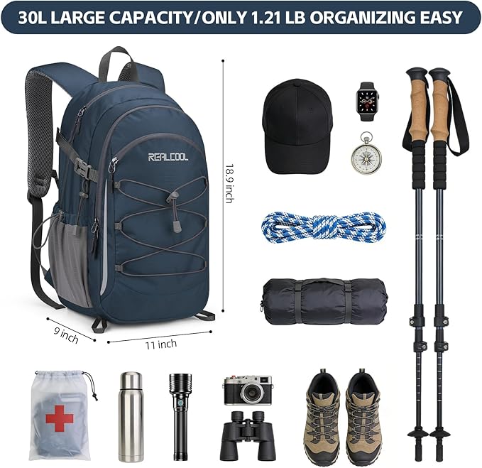 RealCool Hiking Backpack for Men Women,30L Lightweight Waterproof Travel Camping Backpack Hiking Daypack for Cycling Running,Blue