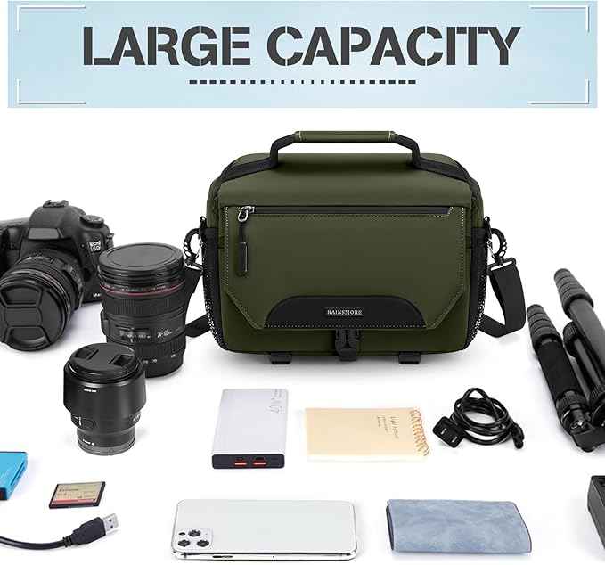 RAINSMORE Camera Bag, DSLR/SLR/Mirrorless Small Camera Sling Bag Waterproof Camera Case with Tripod Holder & Rain Cover Compact Crossbody Camera Bags for Photographers Everyday Shoulder Bags, Green