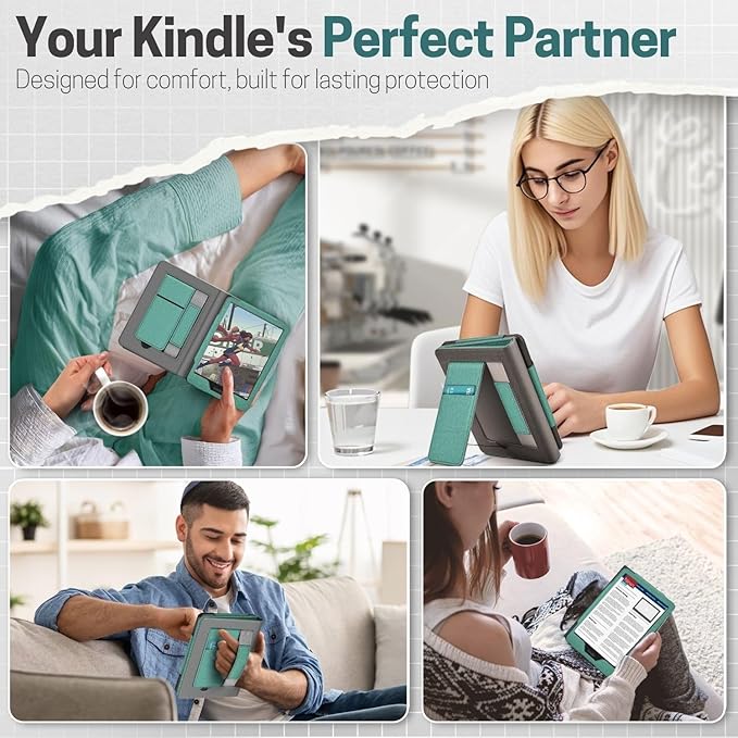 TNP Stand Case with Strap for Kindle Paperwhite 12th Gen 2024 / Kindle Colorsoft Signature Edition - 7" PU Leather Protective Folio Cover with Auto Wake/Sleep & Card Slot, Green