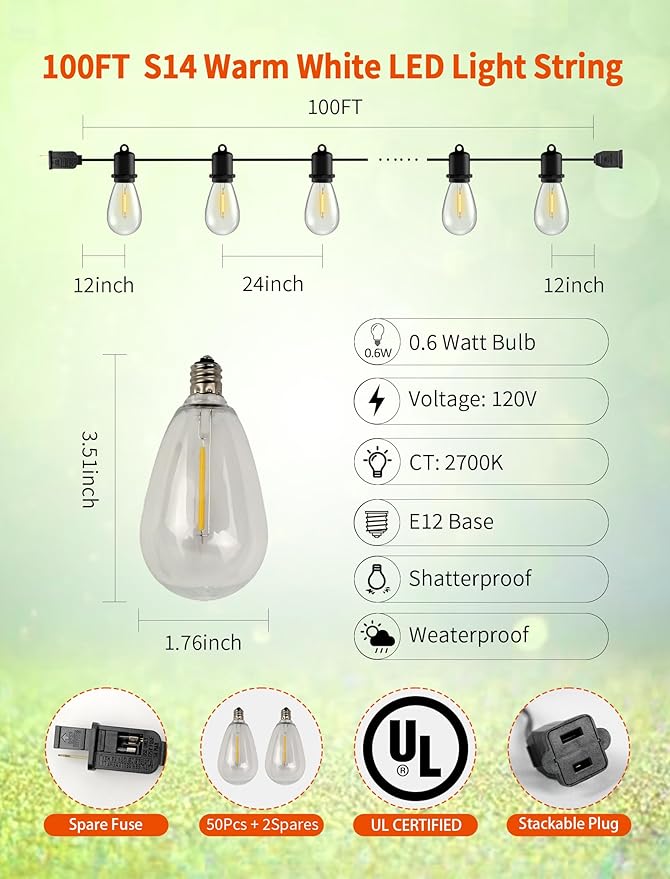 100 FT LED Outdoor String Lights - 50+2 Shatterproof Vintage Edison Bulbs | Commercial Grade Waterproof | Outside Hanging Patio Lights for Wedding, Party, Pool & Yard (Connectable, 2700K)