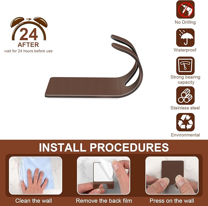 CGBE 4 Pack Shower Hooks - Self Adhesive Shaver Holder Hanger for Bathroom, Damage Free Wall Hooks for Razor, Loofah Sponge - Brown