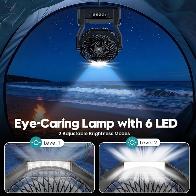 XZK Camping Fan, 20000mAh Rechargeable Battery Powered Fan with LED Lantern, Cordless Portable Tent Fan with Hanging Hook, 4 Speeds 2 Brightness Levels for Home Desk Outdoor - Black