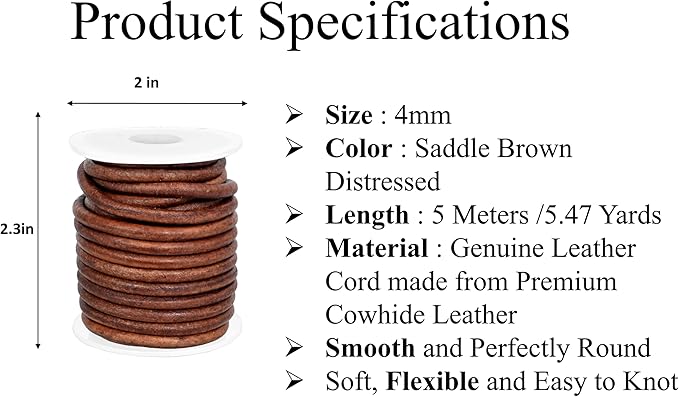 GENIQUE Real/Genuine Round Leather String Cord for Necklace, Bracelets, Jewellery, Braiding (Saddle Brown Distressed, 4mm)