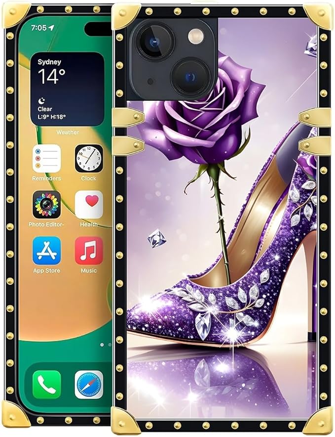 Compatible with iPhone 14 Case, High Heeled Purple Diamond Rose Luxury Golden Decoration for Girl Women Soft TPU Shockproof Protective Hard PC Back for iPhone 14