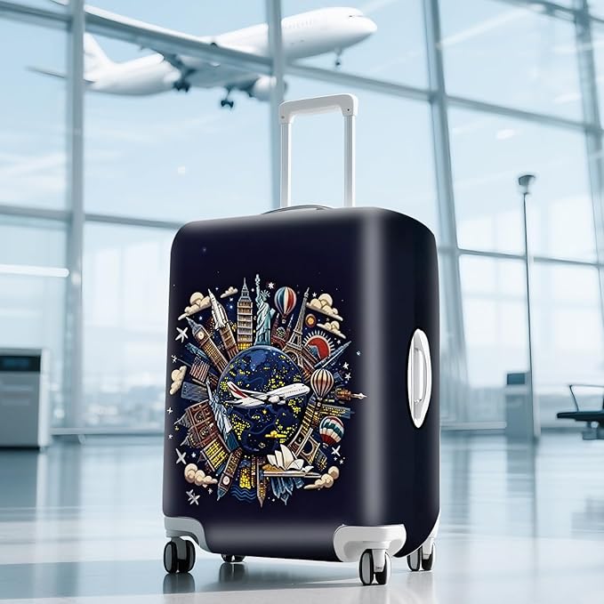 ANNA QUEEN Travel Globe Airplane Luggage Cover -Stretchable Airplane Suitcase Protector Sleeve,Universal Washable Fit for 20-26 Inch Checked Baggage,Water Resistant Durable Luggage Protector