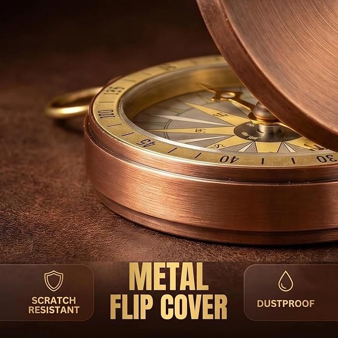 Pocket Compass, Antique Compass Pocket Watches, Copper Flip Cover Pockets Watch Compasses, Portable Camping Watch Flip Compasses for Camping Hiking Boating Backpacking