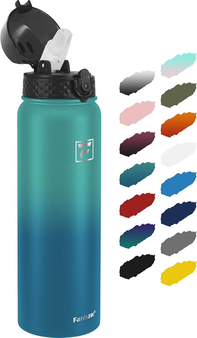 Fanhaw 32 oz Insulated Stainless Steel Water Bottle with Straw Lid, Leakproof Sports Bottle for Men, Women & Teens (Green Blue)