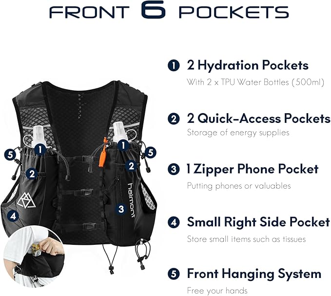 Haimont Running Hydration Vest with Water Bottles for Men Women, Lightweight 10L Hydrated Vest Pack for Trail Running, Hiking
