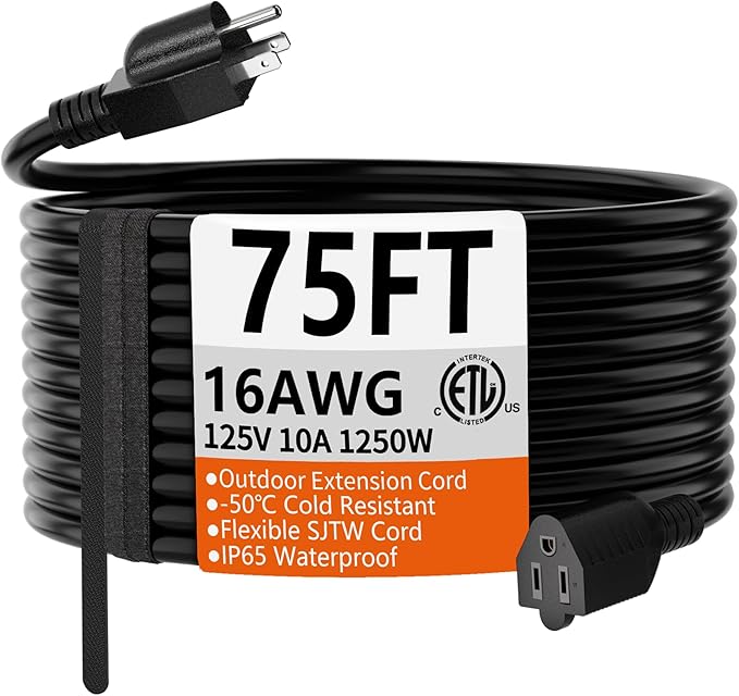 HUANCHAIN 75 FT 16 Gauge Black Indoor Outdoor Extension Cord Waterproof, Flexible Cold Weather 3 Prong Electric Cord Outside, 10A 1250W 125V 16AWG SJTW, ETL Listed