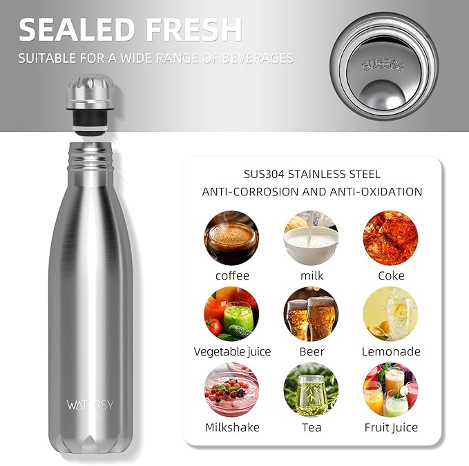 WATERSY Stainless Steel water bottles,17oz/500ml Insulated Water Bottles,Sliver metal water bottle Keeps Drink Cold and Hot,BPA Free kids water bottles for School,Gym,Travel,Sports
