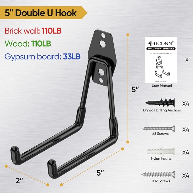 TICONN 2 Pack Heavy Duty Garage Hooks, Steel Utility Wall Storage Hooks, Wall Mount Hanger Organizer for Ladders, Bikes, Tools, Bulky Items (Medium, Yellow Square)