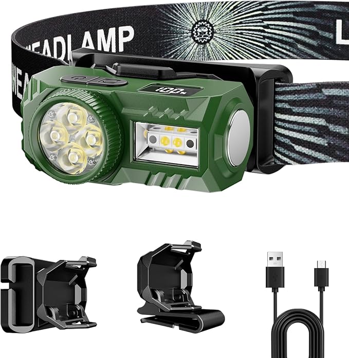 LED Rechargeable Headlamp with Motion Sensor,6 Modes for Camping & Hiking Gear Essentials, Mini Headlight Flashlight with Red Light, Perfect Pocket Gift for Friends and Family(Green)
