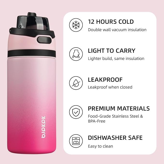 BJPKPK 17oz Insulated Water Bottle with 2-1 Straw Spout Lid, Stainless Steel Metal Water Bottles with Carry Handle, BPA Free, Leak-Proof, Fits in Car Cup Holder, Thermo for Sports,Cherry