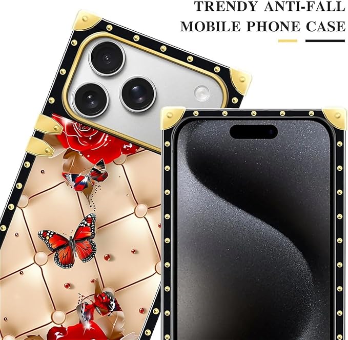 for iPhone 17 Pro Case Luxury Golden Decoration for Girl Women Soft TPU Shockproof Protective Hard PC Back for iPhone 17 Pro Crazy Pattern Shining Red Rose Butterfly Leather Background