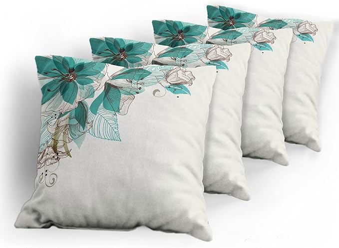 Ambesonne Turquoise Throw Pillow Cushion Case Pack of 4, Flowers Buds Leaf at The top Left Corner Season Celebrating Theme, Modern Accent Double-Sided Digital Printing, 20", Teal Brown