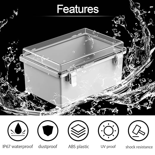 LeMotech Electrical Box, IP67 Waterproof Hinged Clear Cover Stainless Steel Latch Junction Box, ABS Plastic Electrical Enclosure with Mounting Plate,Wall Brackets, Cable Glands,11.4"x7.5"x5.5",Grey