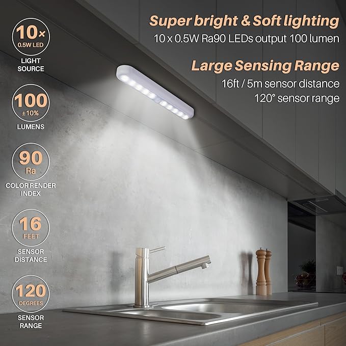 STAR-SPANGLED 11” Motion Sensor Lights Indoor AA Battery Operated, Stick on LED Light for Closet, Stairs, Under Cabinet, Kitchen, Cool White, 2 Pack