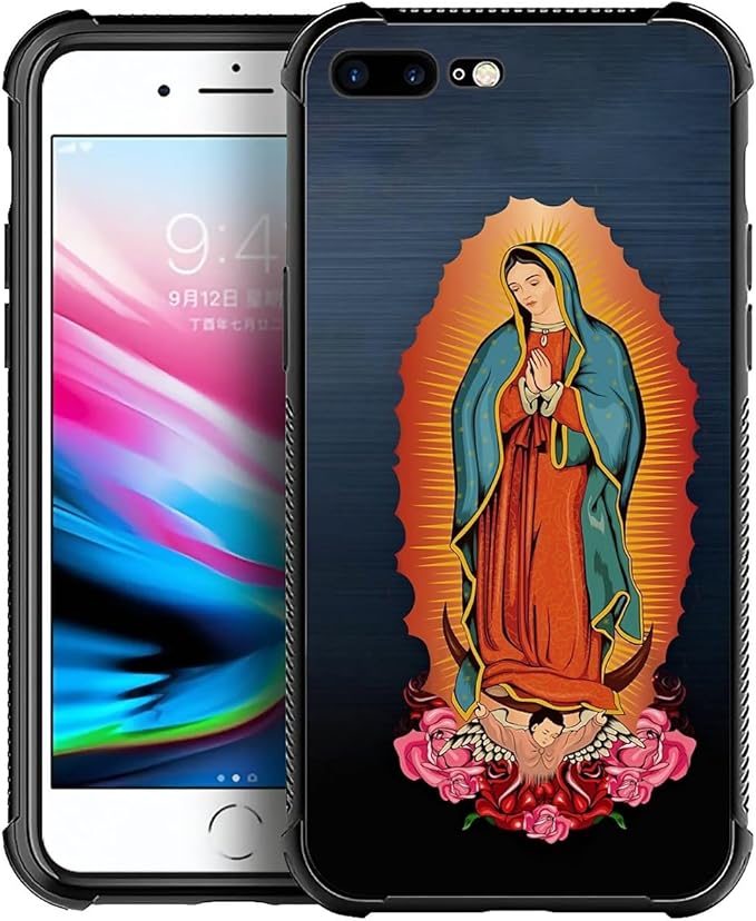 Case for iPhone 7 Plus/8 Plus, Red Virgen Guadalupe Pattern, Soft Silicone Hard Acrylic for Shock Protection