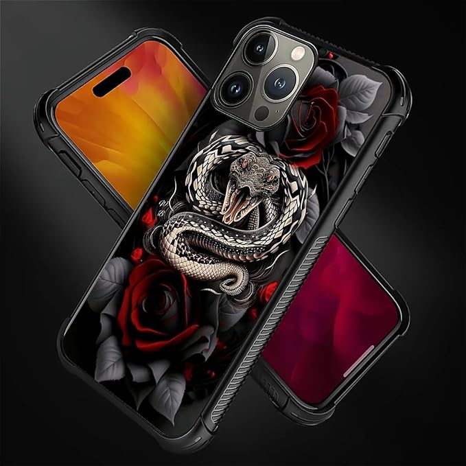 for iPhone 16 Pro Case, Entwined Rose Snake Pattern Graphic Design Girl Boy Soft Silicone Hard Acrylic Shock Protection for iPhone 16 Pro