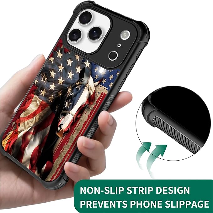 for iPhone 17 Pro Case,for MagSafe Graphic Design for Girl Boy Soft Silicone Hard Acrylic Shock Protection Designed for iPhone 17 Pro Red American Flag Horse Cross Pattern