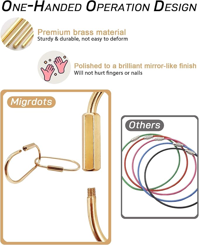 Brass Gold Carabiner Clip for Keys - Loose Leaf Binder Rings, Screw Lock Keychain and Carabiner Clip with Lock for Backpacks, Luggage Tags, Pet Collar Clips and Outdoor Accessories, 10 Packs