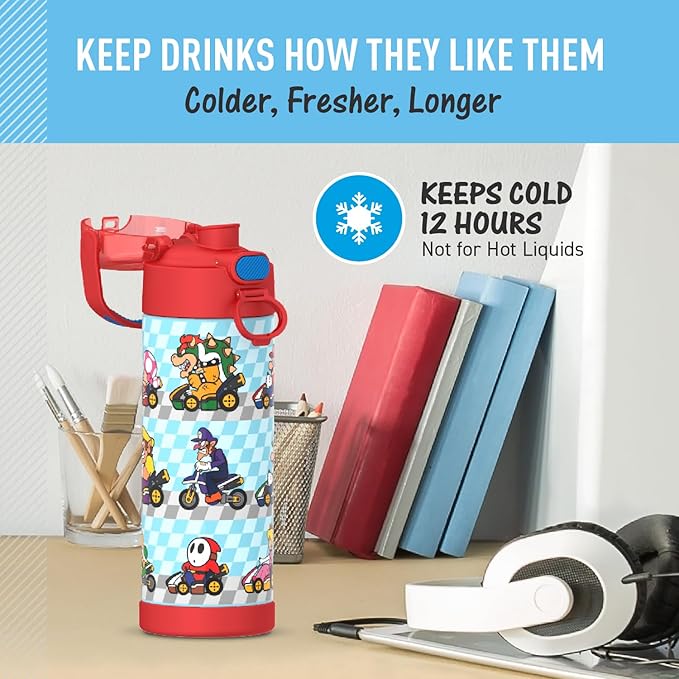 THERMOS FUNTAINER 16 Ounce Stainless Steel Vacuum Insulated Bottle with Wide Spout Lid,Mario,(Pack of 6)