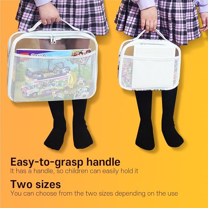 holay 4 Packs Large PVC Toy Storage Organizer with Zipper, Name Tag & Manual Pocket, Clear Durable Case for Blocks, Clay, Board Games, Travel (White, Large)